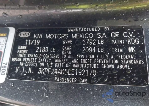 2020 Kia Forte Fe z USA, uszkodzony, nr VIN 3KPF24AD5LE192170